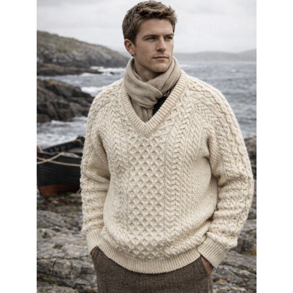 Vintage Carraig Aran Fisherman Sweater Irish Cable Knit Cream Wool Size 44 XL